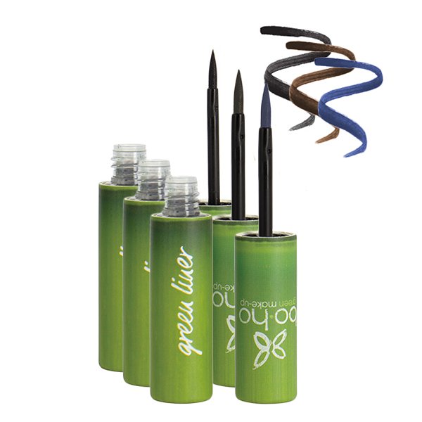 Tekuté oční linky Boho Green Liner v zelených lahvičkách s plstěným hrotem a tahy černé, hnědé a modré